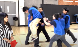 Seventh graders celebrating their win in the dodgeball tournament. 